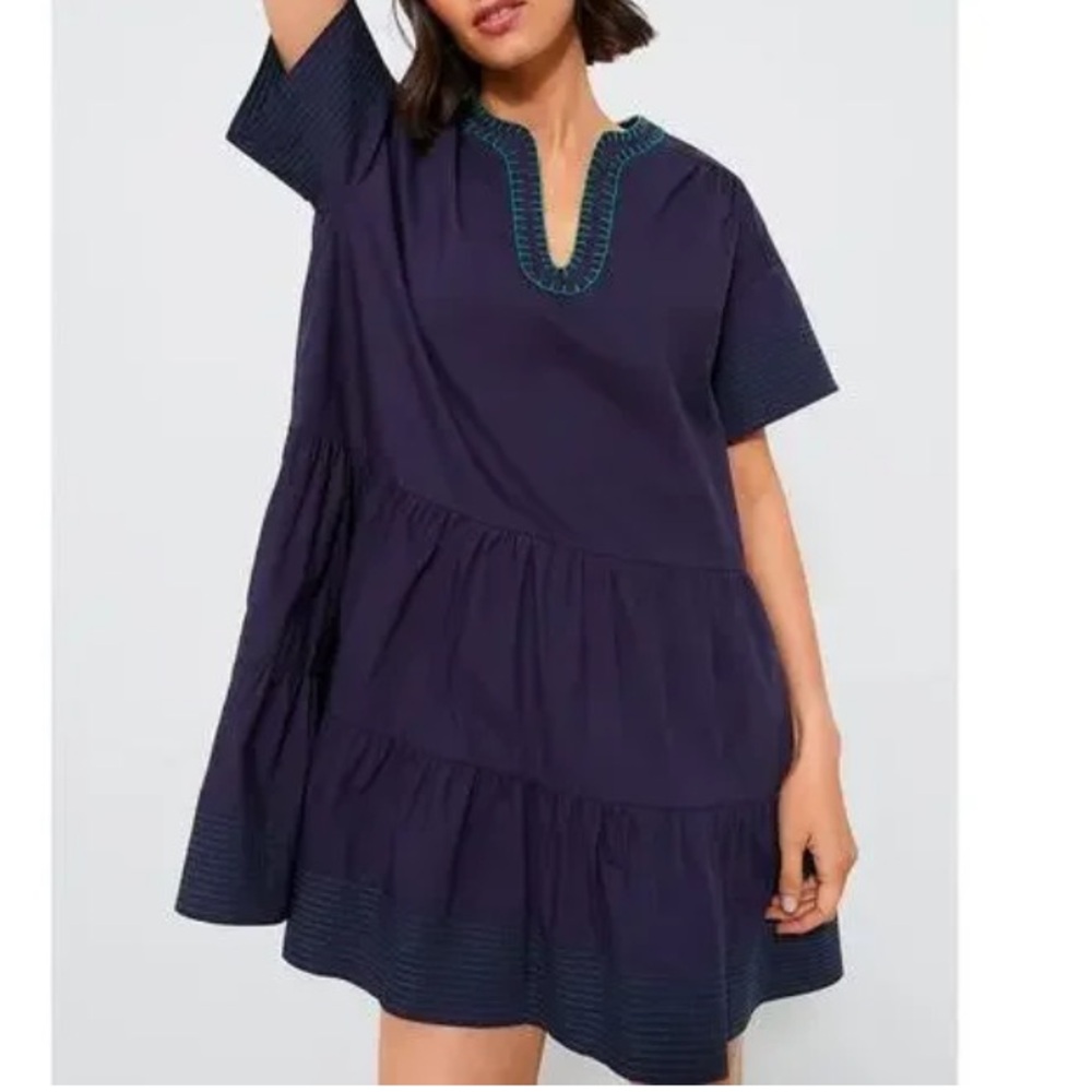 POMANDER place TUCKERNUCK Kinsley Navy Tiered Whipstitch V-Neck Mini Dress M